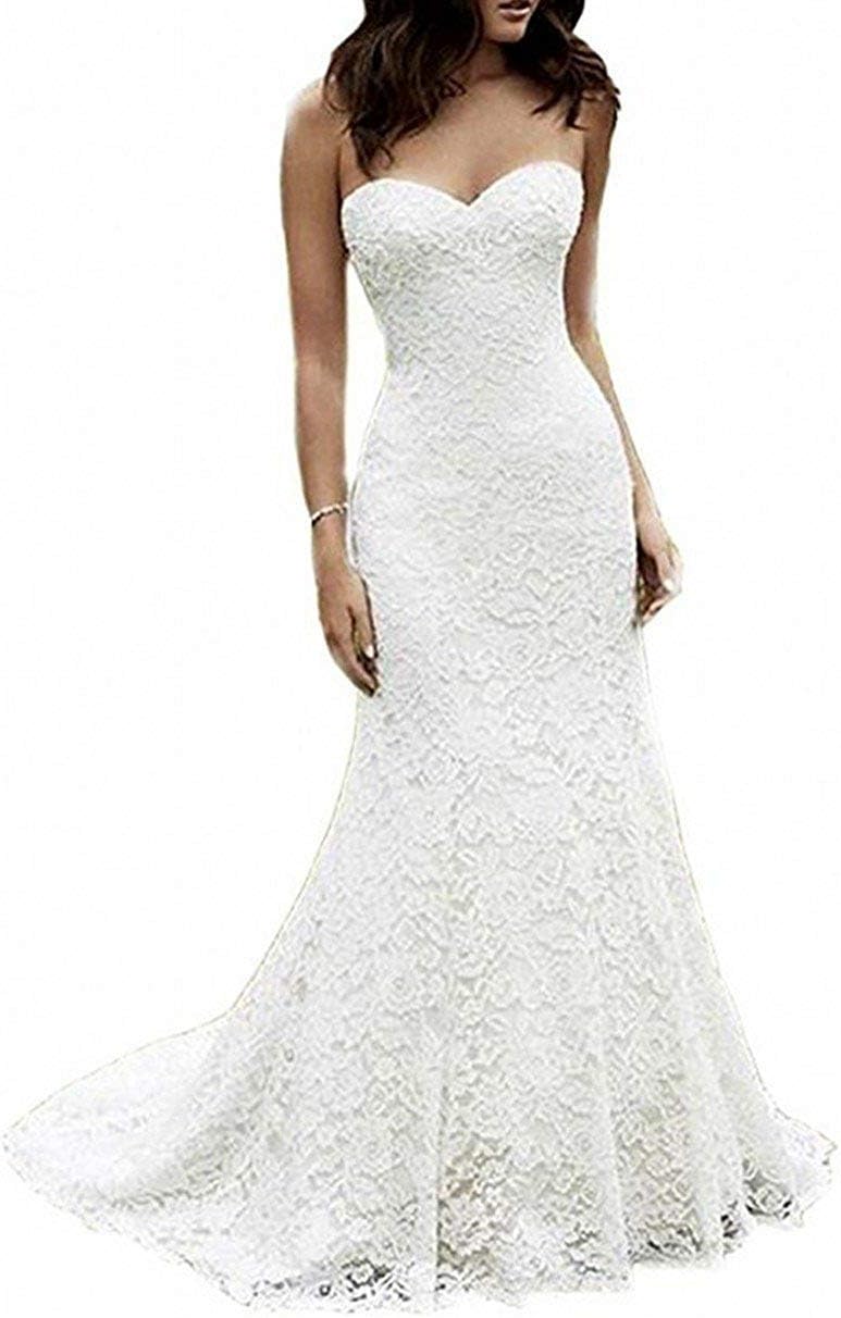 Eldecey Women's Lace Beach Wedding Dress Long Boho Floor Length Bridal Gown