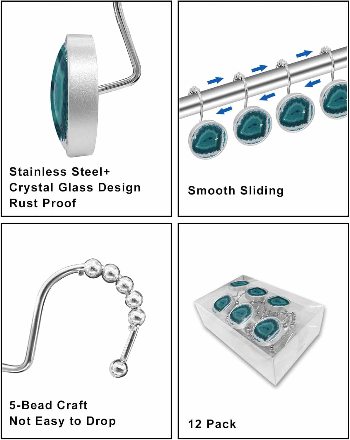 Shower Curtain Hooks 12 Pcs, Aqua Blue Turquoise Geode Agate Mineral Stone Pattern Stainless Steel Rust Proof Rolling Shower Curtain Rings, Decorative Shower Curtain Hooks Hangers for Bathroom