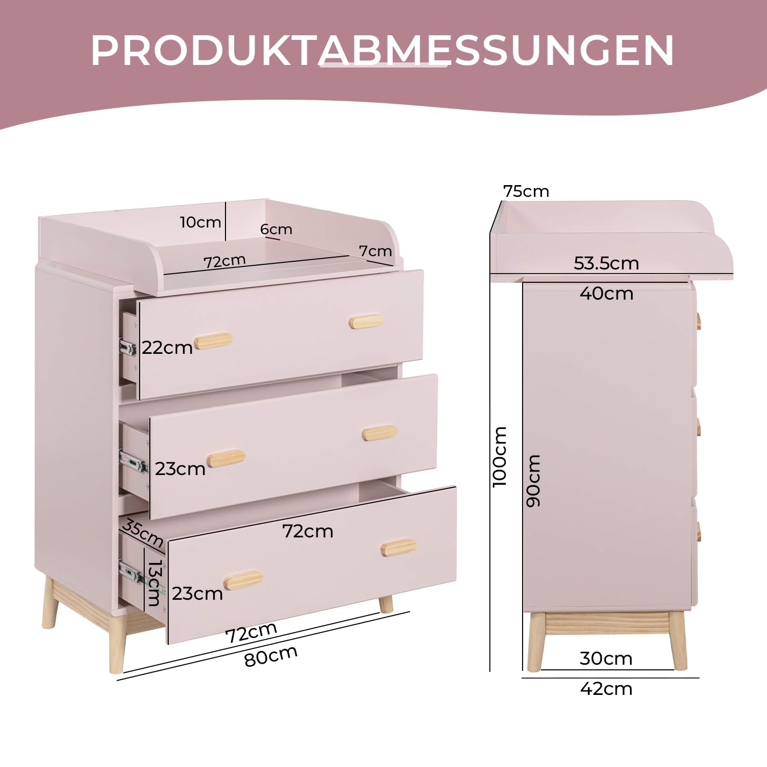 Rebecca Mobili Wickelkommode mit Wickeltisch, Baby Wickeltisch, Rosa Braun, Kiefern MDF, Platzsparend, mit Abnehmbarem Wickeltisch - Maße HxBxT: 100 x 80 x 42 cm - Art. RE6984