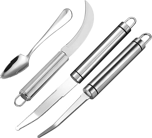 Klyuqoz Cuchillo de toronja de acero inoxidable, cuchillo de toronja curvo dentado, juego de 2, con cucharas de pomelo y cuchillo de fruta, para