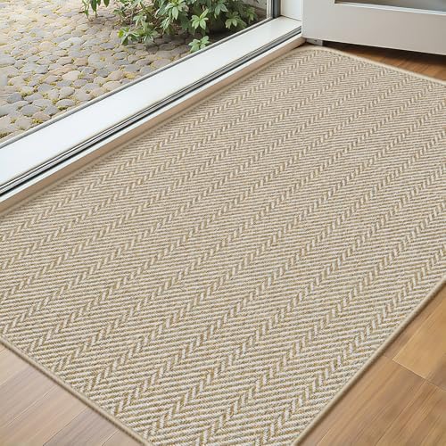 BEISIFLOOR Ultra Thin Door Mat Indoor Entrance 17x29 Low-Profile Indoor Door Mat Non Slip Entry Mat Rubber Backing Unique Herringbone Design Inside Doormat Dirt Trapper Entryway Mats Beige