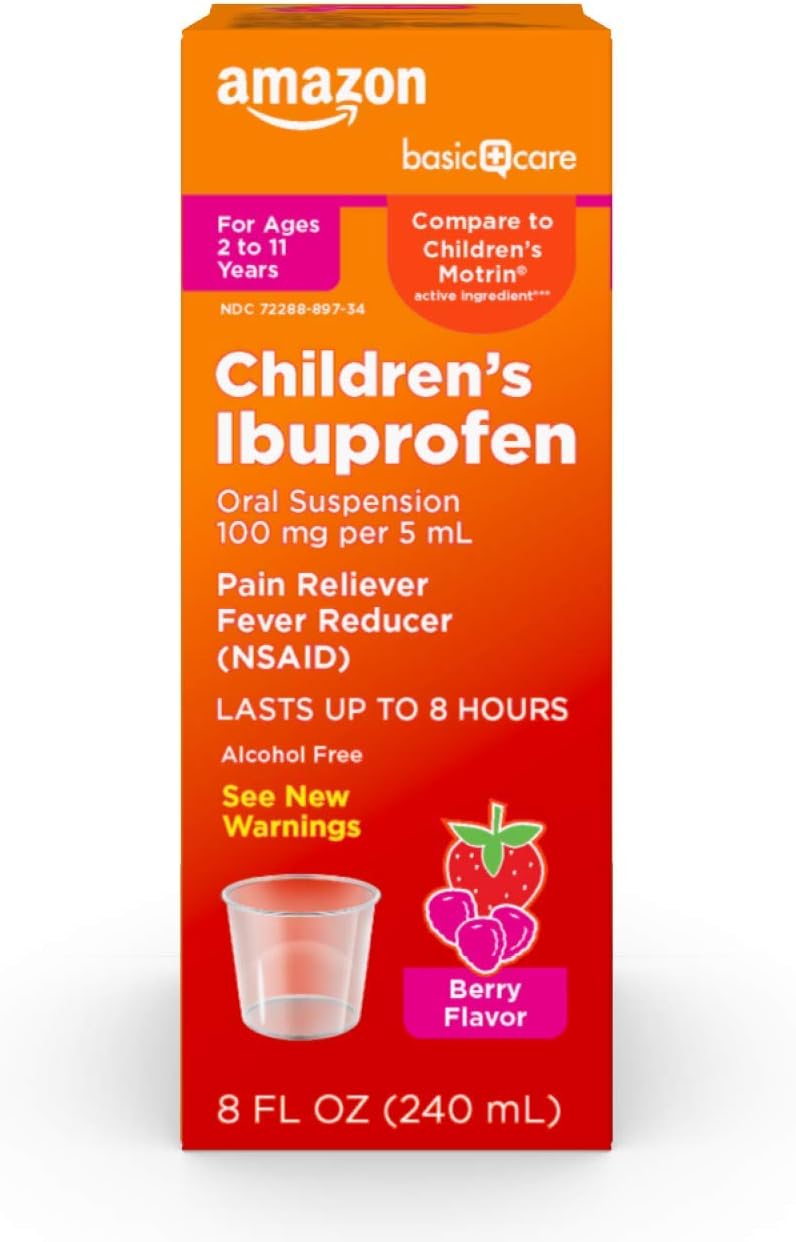 Amazon Basic Care Children's Ibuprofen Oral Suspension, 100 mg per 5 mL, Pain Reliever and Fever Reducer, Berry Flavor, For Sore Throat, Headache Relief and More, 8 fl oz (Pack of 1)
