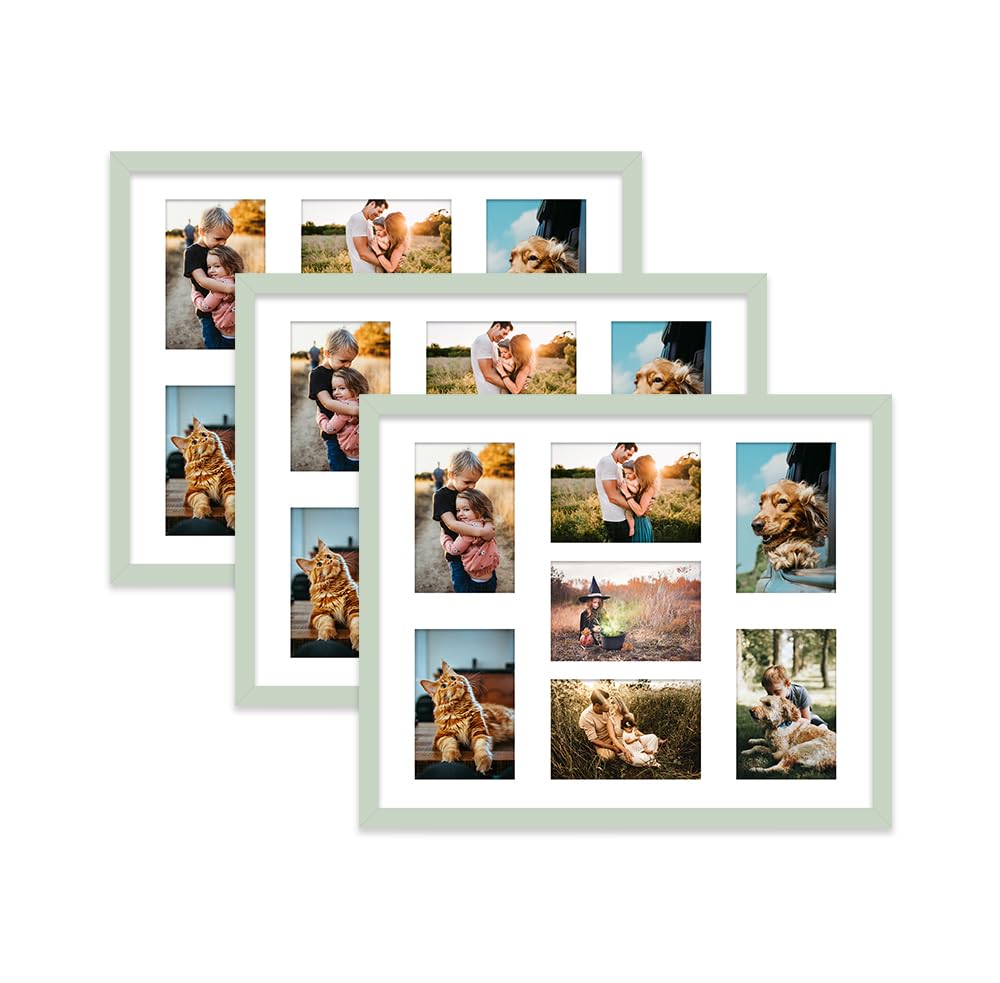 Mint Green Multi Photo Frame - Holds 7 x 6x4 Pictures, Family Collage Picture Frame for Wall Display, 20x16 Frame size, Set of 3