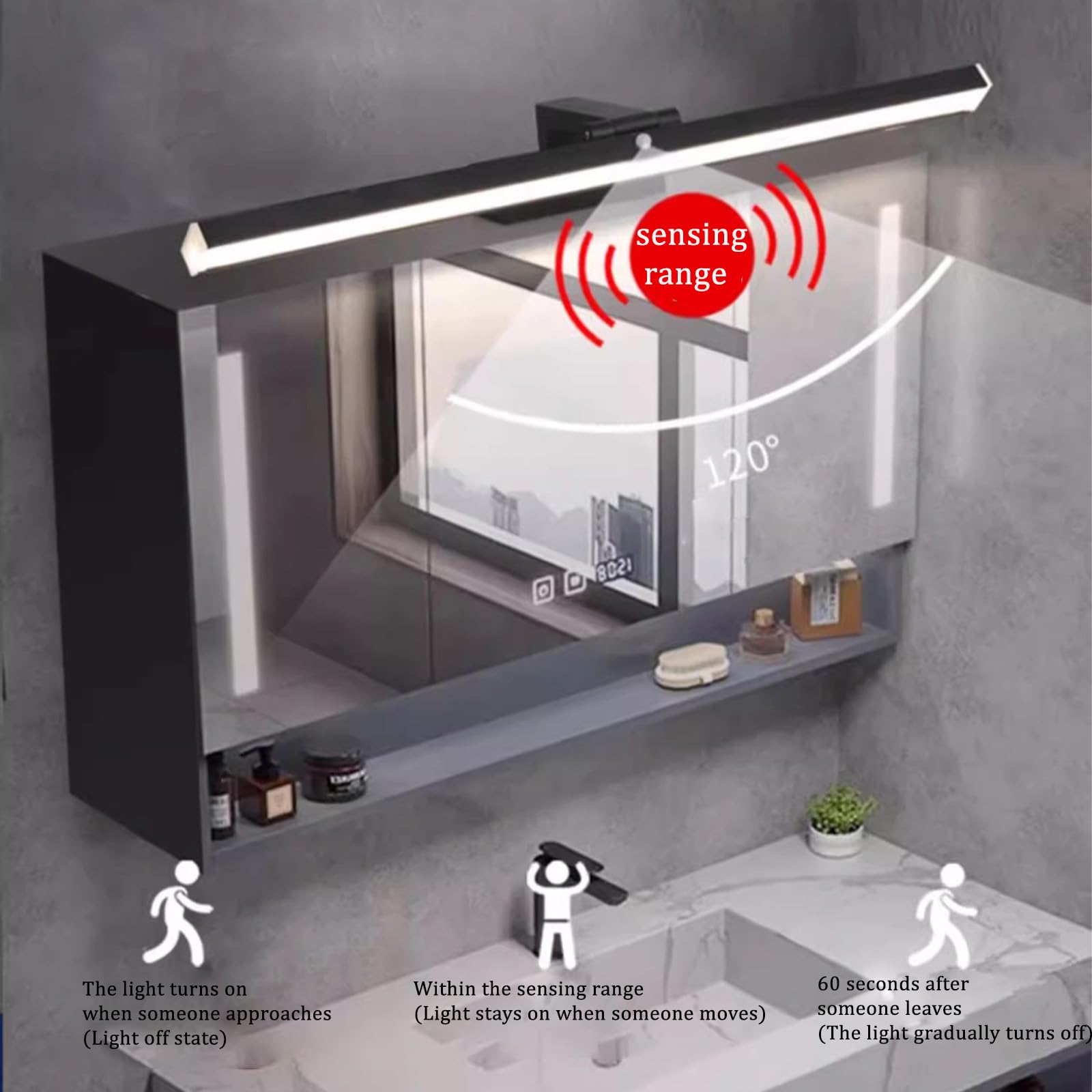 LED Spiegellampe Bad mit Bewegungsmelder Spiegelleuchte 180° Schwenkbar Wandleuchten Badezimmerschrank Lampe Wasserdicht Modern Aluminium Keller Küche Badschrank (Weißes Neutrales Licht,100cm)
