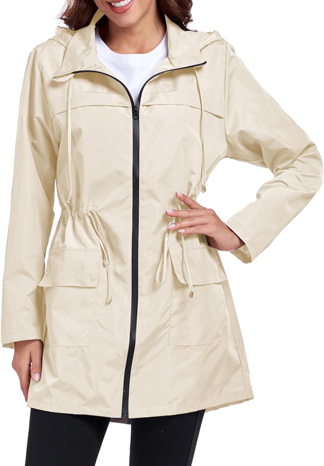 Women Waterproof Raincoat Lightweight Packable Active Outdoor Long Hooded Rain Jacket - Image 2