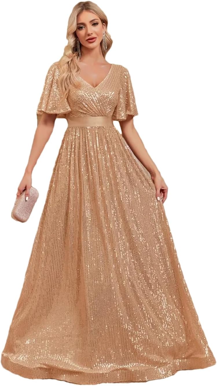 [Ornrjfll] 女性 V ネック半袖ゴールドイブニングドレス女性スパンコールウェディングパーティー A ラインマキシカクテルド