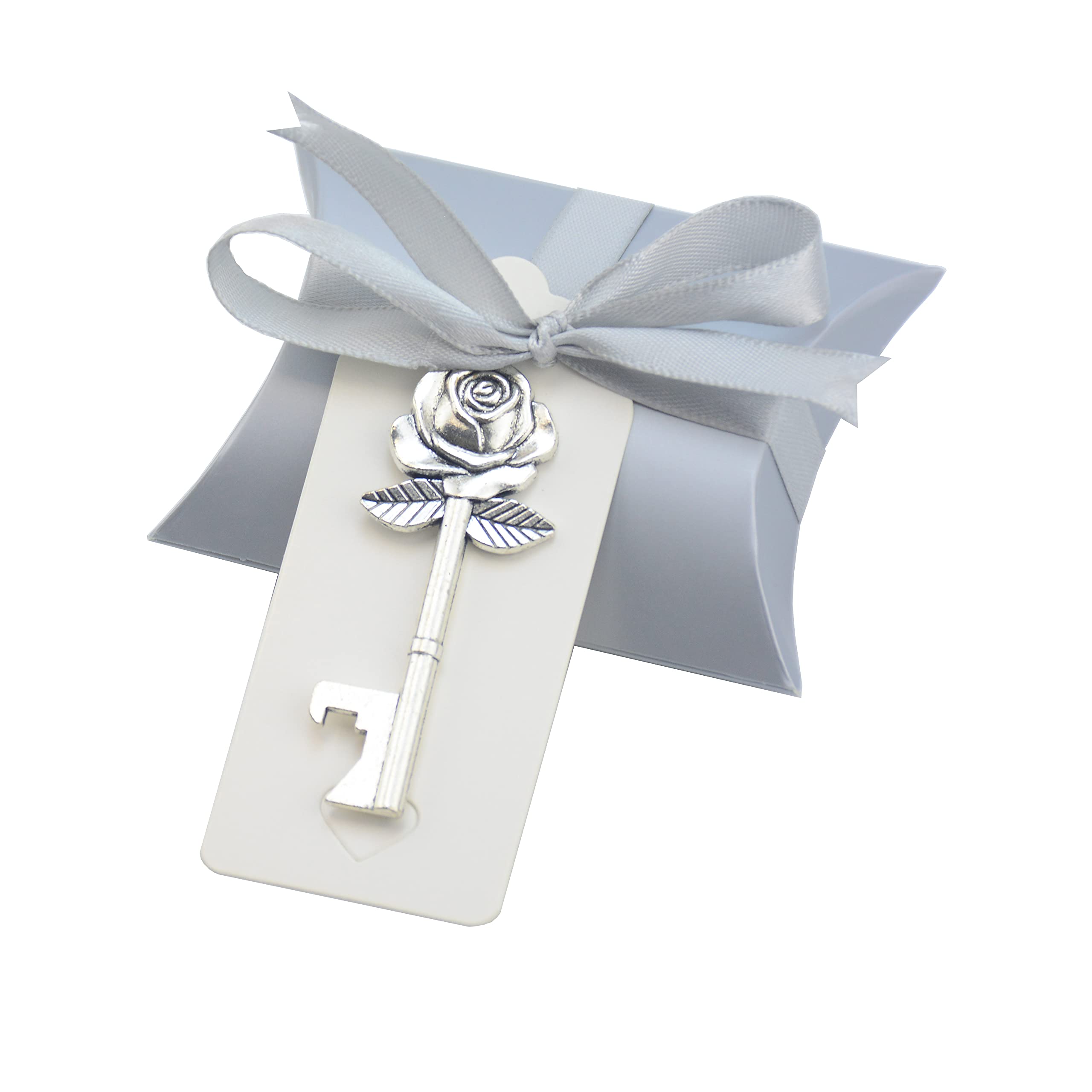 50 Pezzi Apribottiglie Chiave Vintage a Forma di Rosa per Nozze-Argenteo | Set Regalo per Ospiti con Scatole di Caramelle,Tag Grazie e Nastro per Matrimonio,Festa e Bomboniere Souvenir