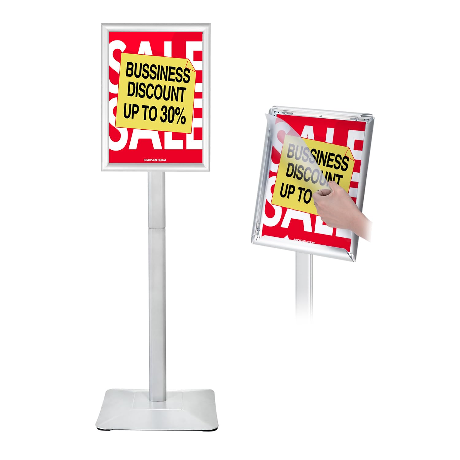 INNOVSIGN Heavy Duty Adjustable Pedestal Poster Sign Stand, 11x17 Aluminum Open Floor Standing Sign Holder for Vertical and Horizontal View Display,