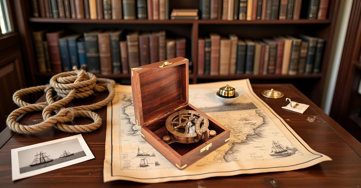 Reloj de sol antiguo réplica de brújula de latón macizo con caja de madera