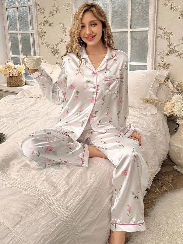 Image of Night Suit for Women with Full Sleeve Button-Down Top with Pant Dress for Woman, Night Dress for Woman, Cotton Two-Piece Loungewear Set