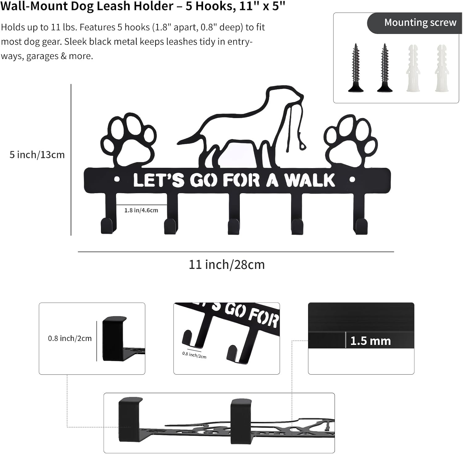 Dog Leash Holder for Wall – Dog Leash Hooks, Leash Holder, Dog Hooks, Decorative Dog Leash Organizer​ w/ 5 Hooks, Hooks for Hanging Dog Leashes, Dog Leash Hanger Organizer, Wall Mount Dog Leash Rack