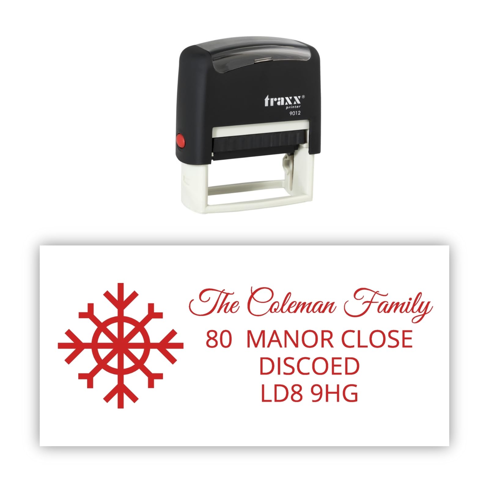 Traxx 9012 Personalised Christmas Self Inking Rubber Stamp - Snowflake with 4 Lines of Custom Text in Red Ink