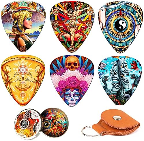 THIVENNY Guitar Picks 12 Medium Pack with Leather Picks Holder and Tin Box,Unique Artistic Celluloid Guitar Pick for Bass Electric Guitar Acoustic Guitar Lovers Gift (Mix-6) (1002-1)
