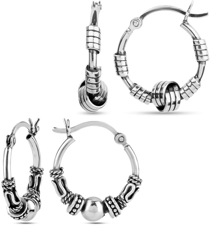 LeCalla Sterling Silver Jewelry Earring Bundle | Bali Bohemian Antique Set of 2 Pair Hoop for Teen Women