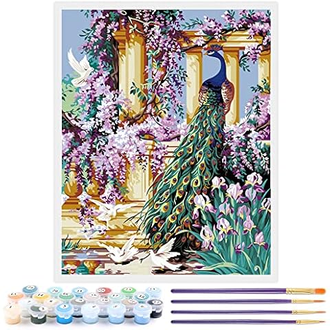 Toudorp Paint by Numbers Kits 16x20 Inch Canvas Oil Painting for Adults and Beginners DIY Acrylic Painting, With Acrylic Paints and Brushes - Peacock (Without Frame) Cover