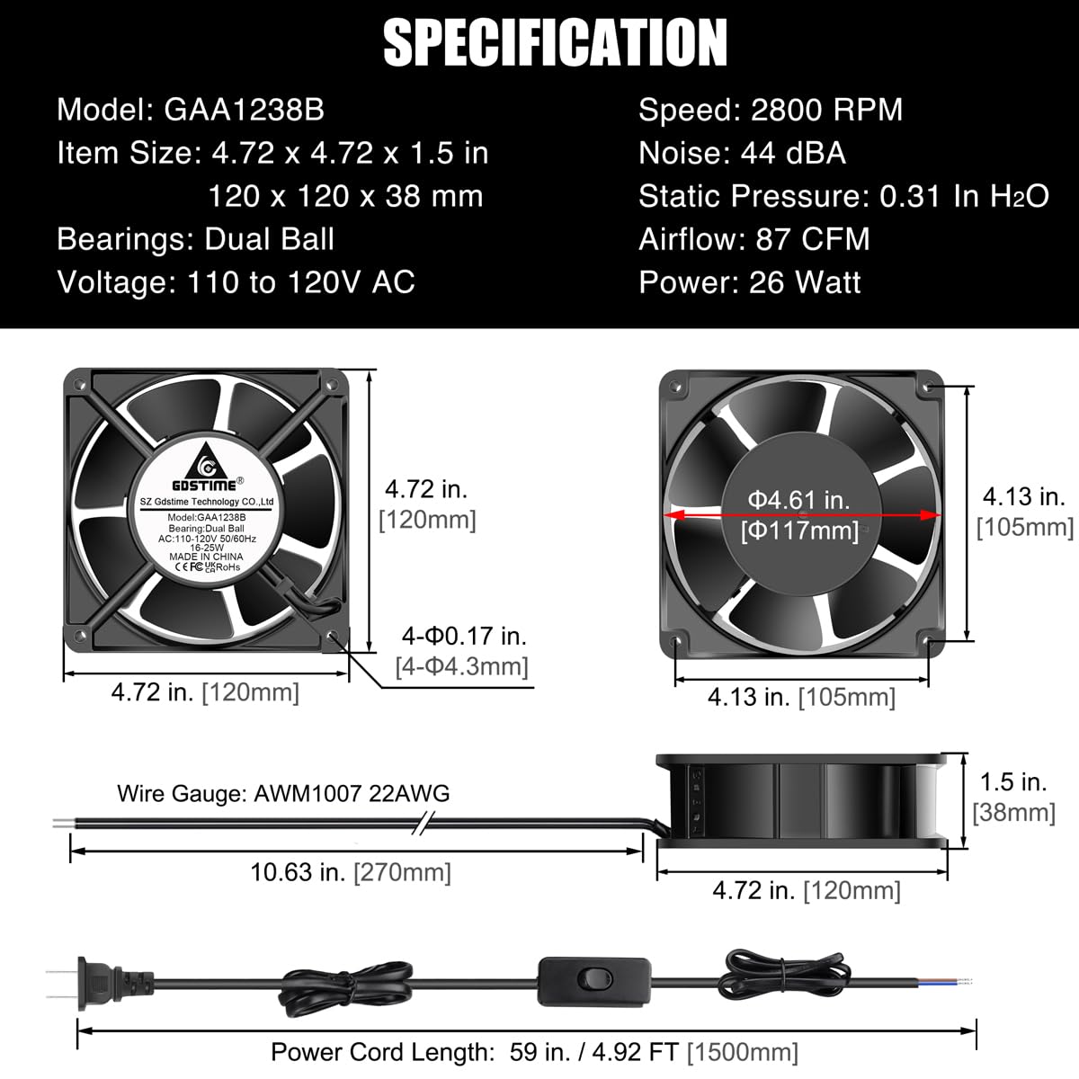 Ventilador AXIAL 12038, 110 V 120 V CA 4.724 in x 1.496 in, doble rodamiento de bolas, alto CFM con cable de alimentación Swtich para proyectos de escape de ventilación de refrigeración DIY 6