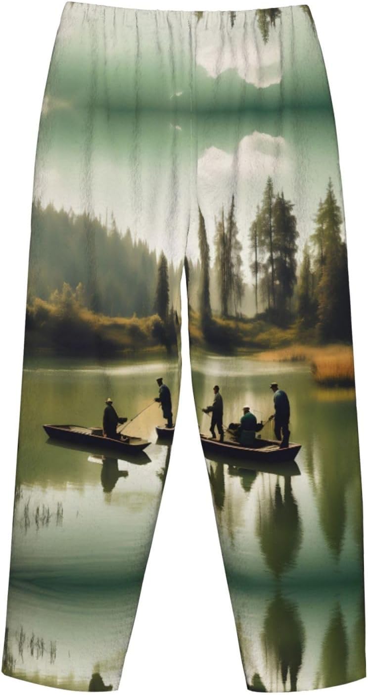 Fishing Lake Fishermens Print Cozy Flannel Pajama Pants For Women,Warm Christmas Pj Pants,Cute Fleece Pajamas