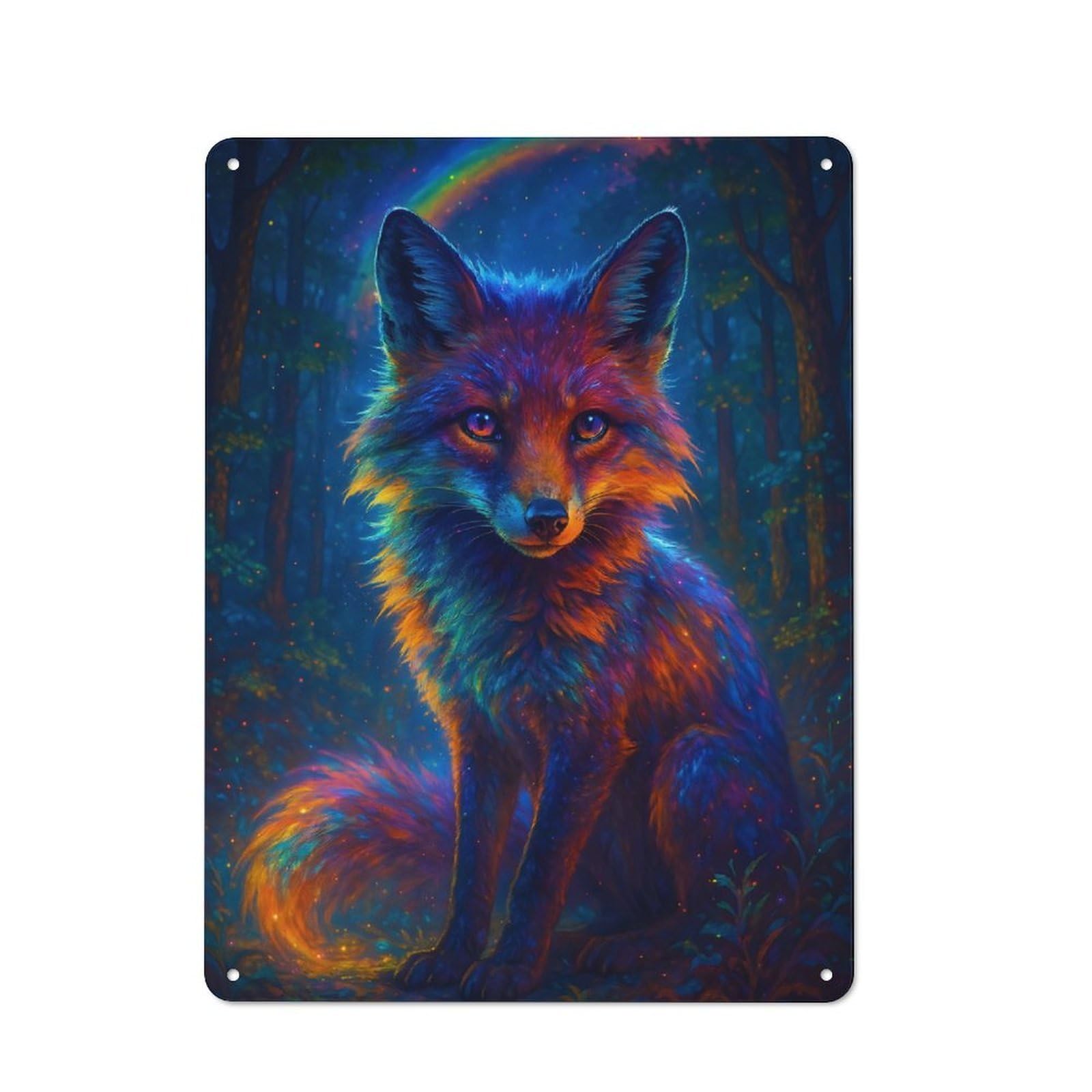 Retro Metal Plaque 40x30cm Featuring Rainbow Fox in Enchanted Forest, Bistro Wall Plaque for Bakery, Diner, Cafe Or Family Room