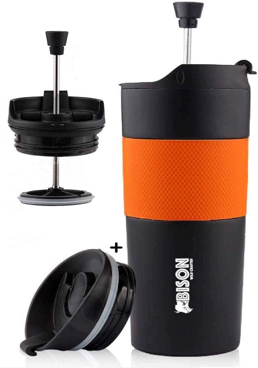 Travel French Press Coffee Maker Cum Travel Coffee Mug With Sipper Lid, Vacuum Insulated Thermos Stainless Steel, 450 Ml, Black…