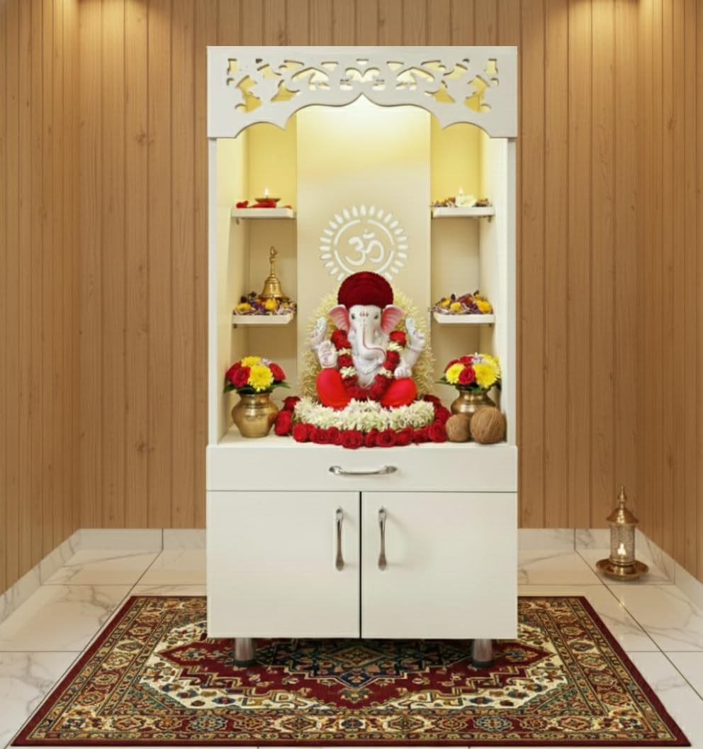 Wooden Temple for Home I Corian Design mandir I Pooja Mandir Unit I Dev ghar I Puja ghar I Pooja mandir (Frosty White, 2 X 4 FT)