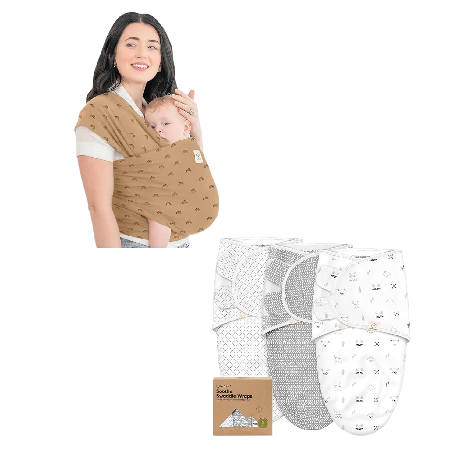 KeaBabies Baby Wrap Carrier and 3-Pack Baby Swaddle Sleep Sacks - All in 1 Original Breathable Baby Sling, Hands Free Baby Carrier Sling - Newborn Swaddle Sack
