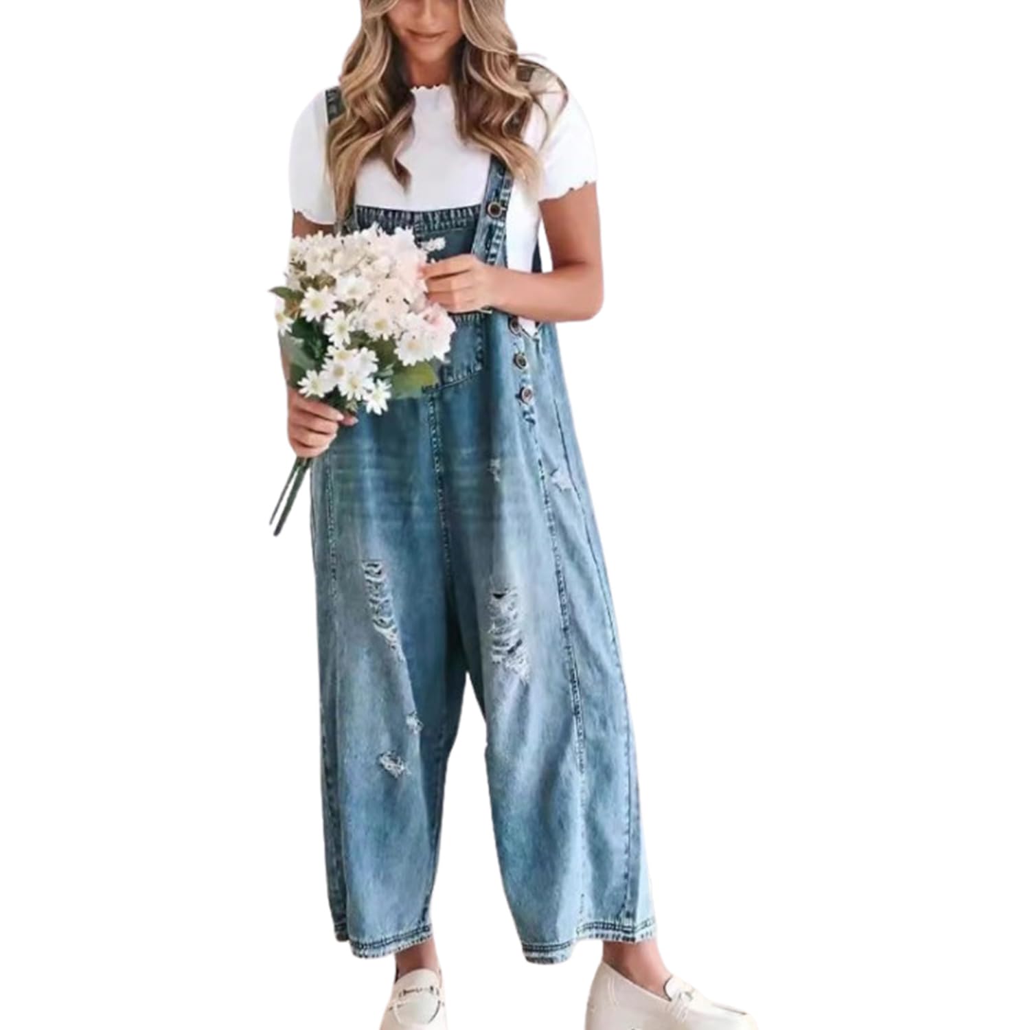 Generico Salopette in denim con bretelle regolabili larghe da donna, salopette in jeans, tuta larga a gamba larga usurata
