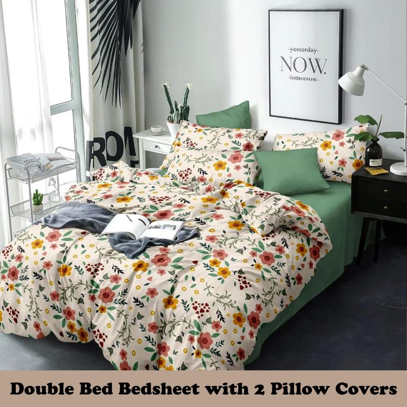 Image of Polycotton Double Bed Bedsheet, Flat Sheet with 2 Pillow Covers, Queen (90x100 inch), 300 TC, Yellow & Cream, Set of 3