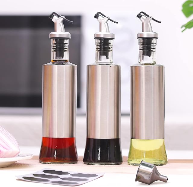 Oil and Vinegar Dispenser Set, 3Pcs 300ml Glass Olive Oil Bottles Oil Dispenser Bottles, Stainless Steel Oil Dispenser Bottle for Cooking Kitchen Baking Salad with Dripless Spout and Funnel