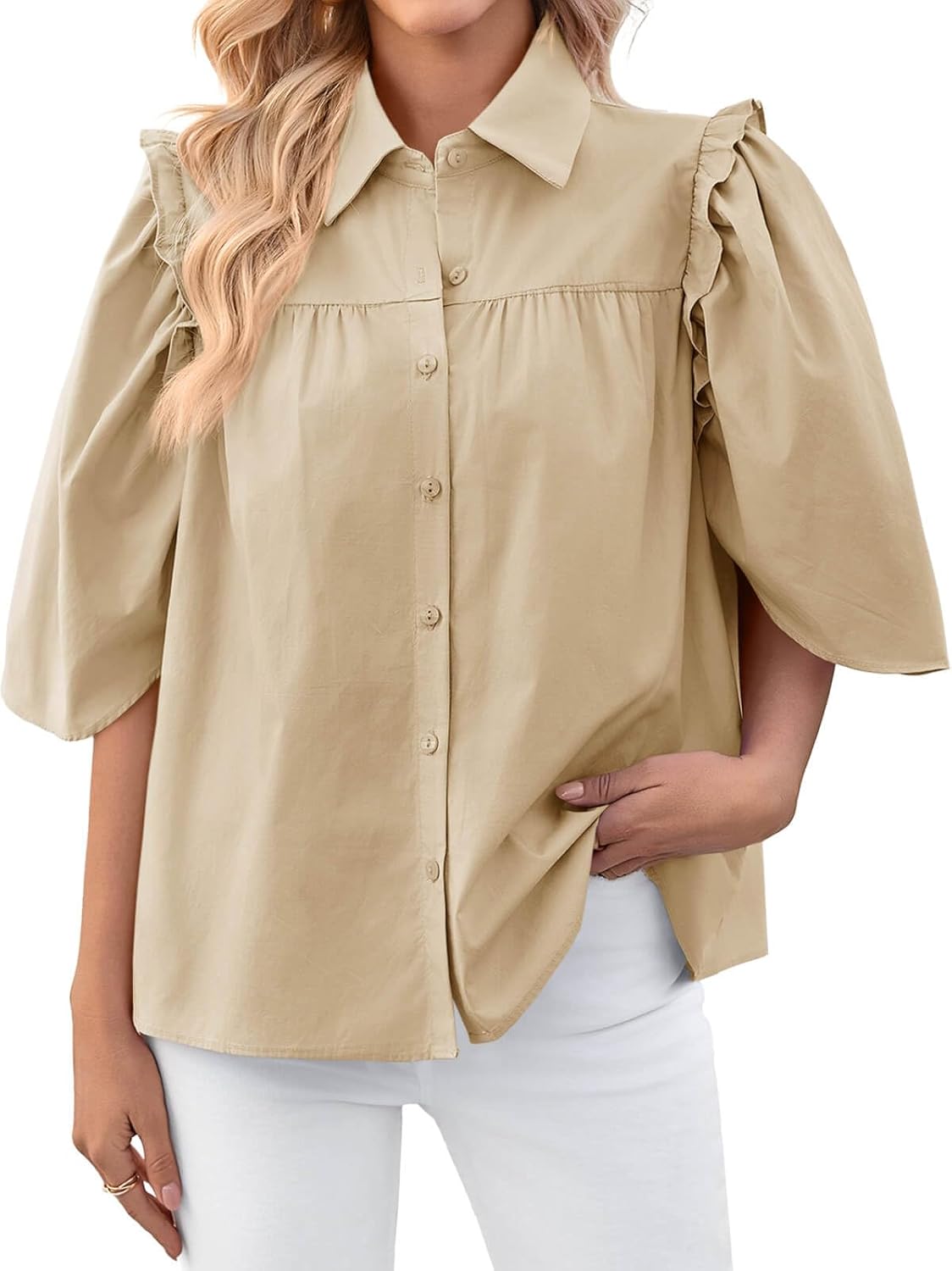 Cicy Bell Womens Summer Button Down Shirts Short Ruffle Puff Sleeve Cotton Blouses Dressy Casual Ladies Tops - Image 2