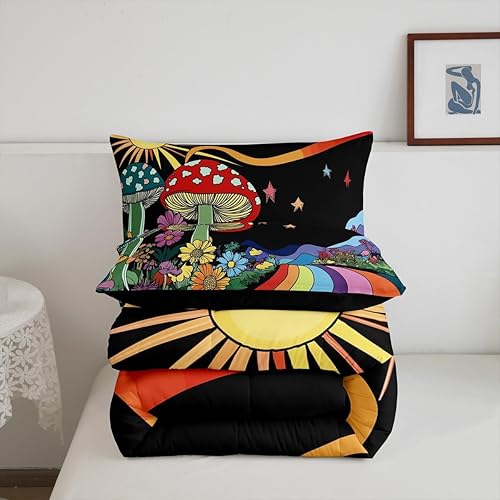 Miniatura 7 de Erosebridal Juego de ropa de cama de hongos Trippy tamaño Queen, Groovy floral, juegos de ropa de cama y colecciones de rayas de arco iris, edredón