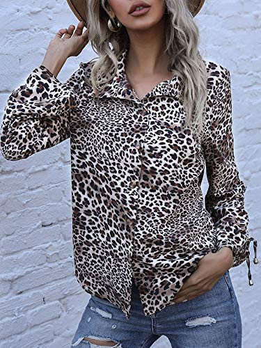 Domary Blusa feminina leopardo manga comprida com cordão e botão de gola virada para baixo.