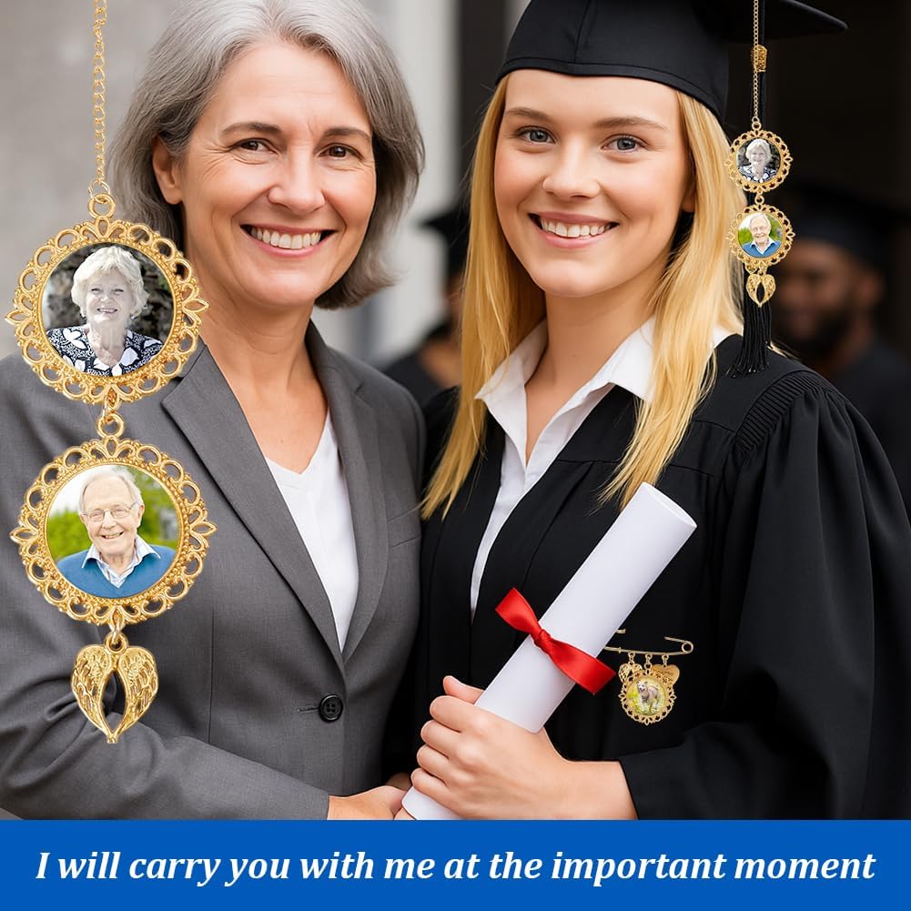 AHANDMAKER Graduation Photo Charm Set, Memorial Tassel Picture Charms with Angel Wings Personalized Keepsake Pendant Brooches with Glass Cabochons for Graduation Cap Decorations Gifts, Golden - Image 5