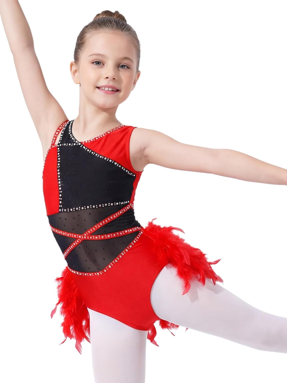 ranrann Kids Girls Rhinestone Feather Ballet Skirted Leotard Bodysuit Sleeveless Latin Jazz Dance Performance Outfit