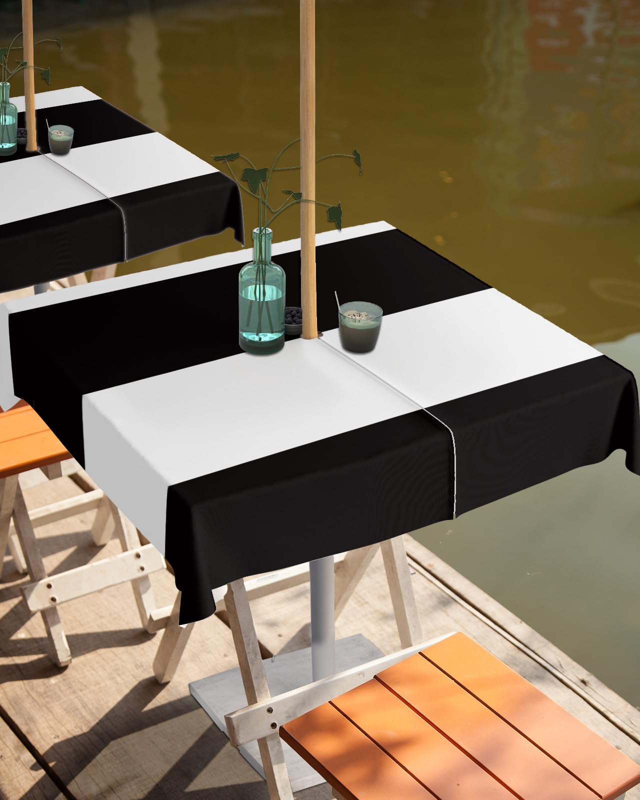 QueenKer Outdoor Tablecloth with Umbrella Hole, Black and White Stripes Square Tables Waterproof Tabletop Collection for Patio, Garden, Picnic, Camping 54 x 54 inch