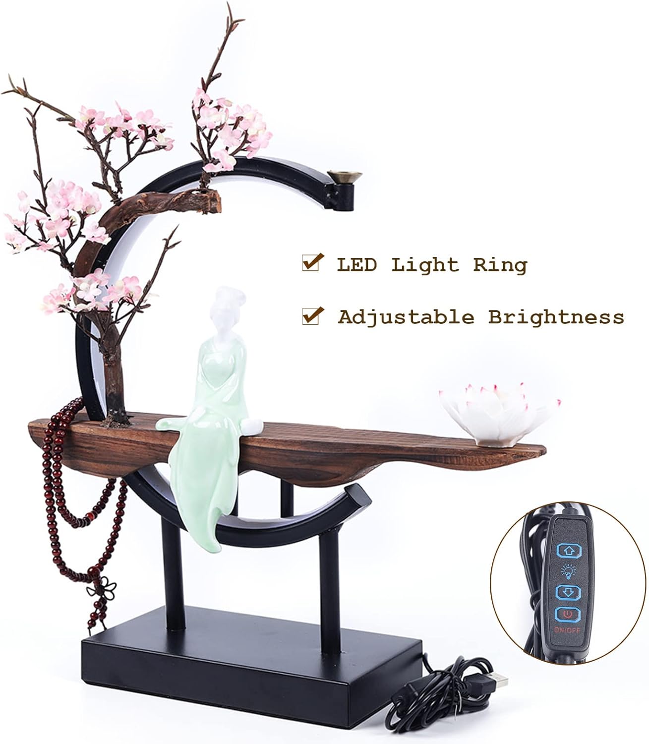 TFCFL Backflow Incense Holder with LED Light Ring, Chinese Style Handmade Flower Censer Incense Burner Home Decor Aromatherapy Ornament Incense Holders with Backflow Model 1