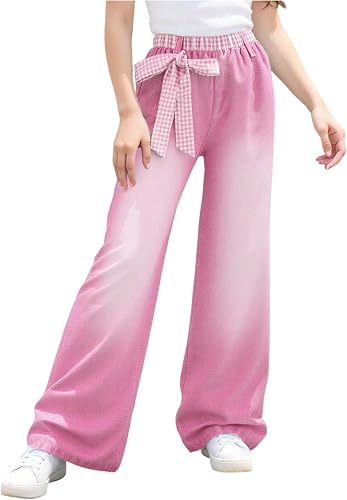 OYOANGLE Girl's Elastic Waist Baggy Pants Cute Bow Wide Leg Trousers Pink