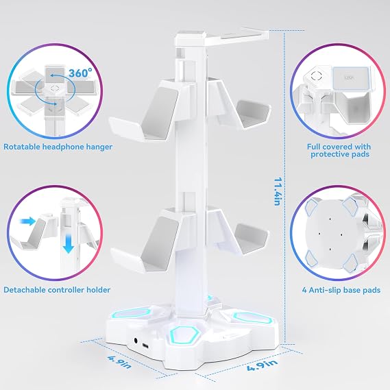 KDD Gaming Headphones Stand, Rotatable Headset Stand with 9 Light Modes - Controller Holder with 2 USB Charging Ports and 3.5mm & Type-C Port - Earphone Hanger Accessories for Desktop Gamer