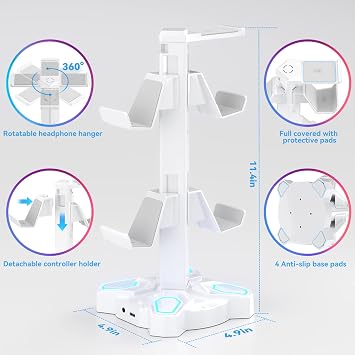 KDD Gaming Headphones Stand, Rotatable Headset Stand with 9 Light Modes - Controller Holder with 2 USB Charging Ports and 3.5mm & Type-C Port - Earphone Hanger Accessories for Desktop Gamer