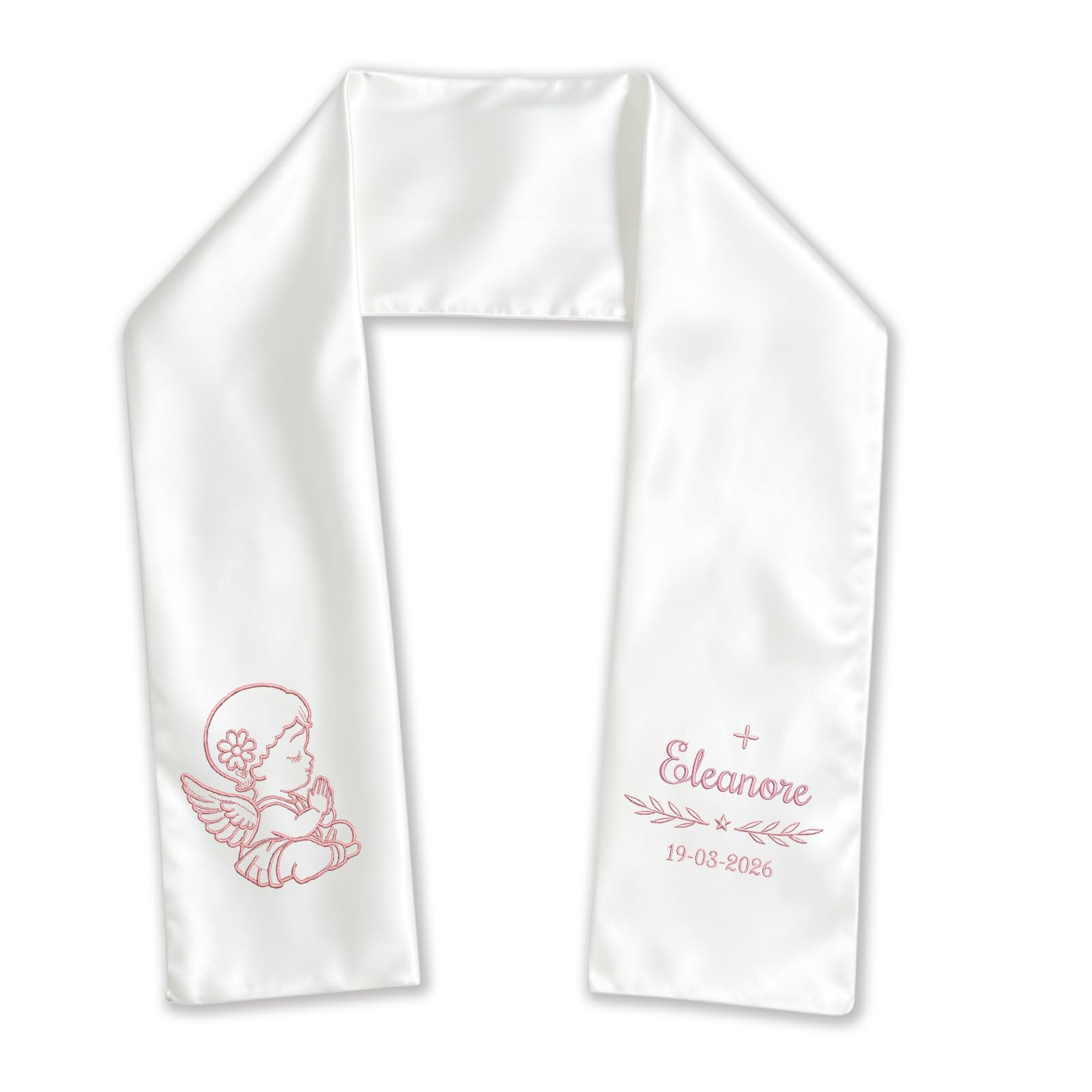 XIAOMA Écharpe de Baptême Personnalisée Enfant, Écharpe Communion Brodée Prénom et Date, Écharpe Blanche Satin Ange ou Croix, Cadeau Baptême Fille Garçon avec Coffret Cadeau, Personnalisation 48h