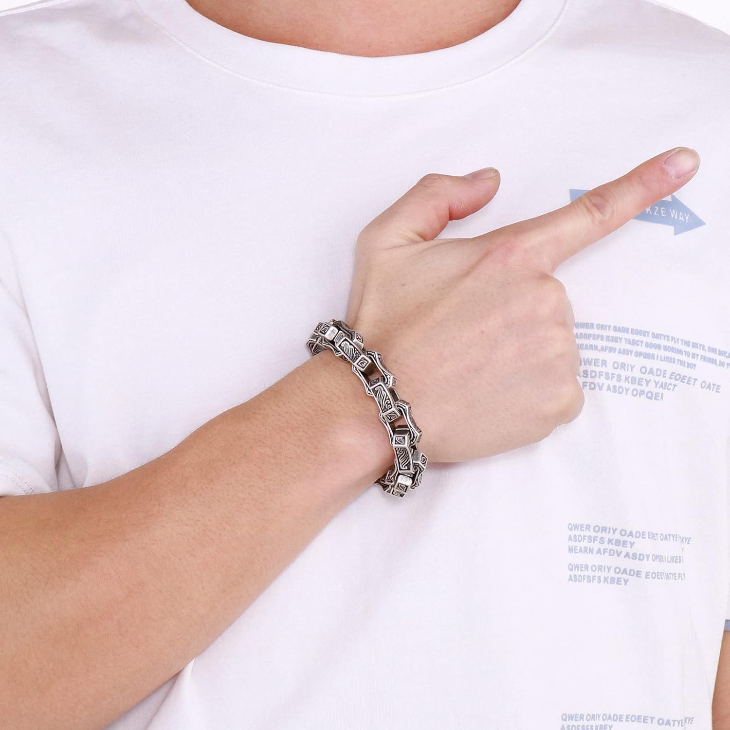 Cuban Link Bracelet for Men Stainless Steel Wave Engraved Chain Men's Bracelet Vintage Silver Bracelet for Men Unique Jewelry Gifts for Him - Image 5