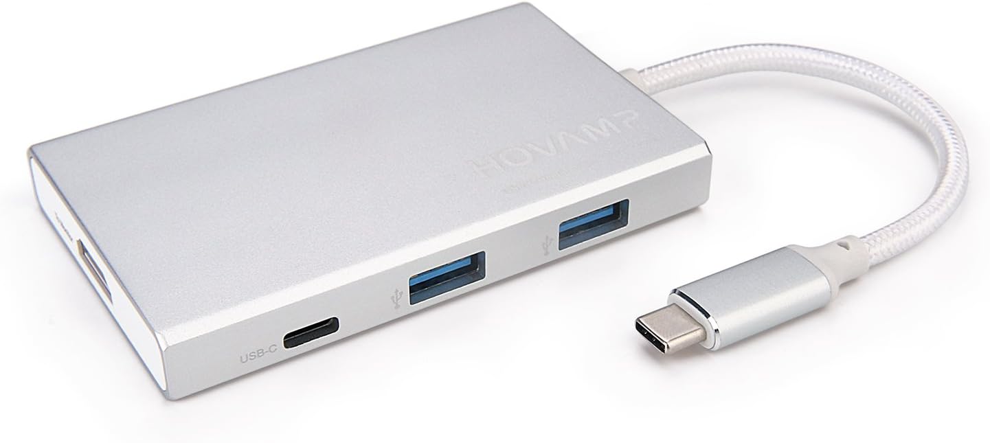 USB C Hub, HOVAMP MU-03 4-Port Type C Hub 3.1 with Power Delivery for Charging, HDMI Output and 2 USB 3.0 Ports for MacBook 2016/2017, Google Chromebook 2016 and more, Alumillium Housing - Silver