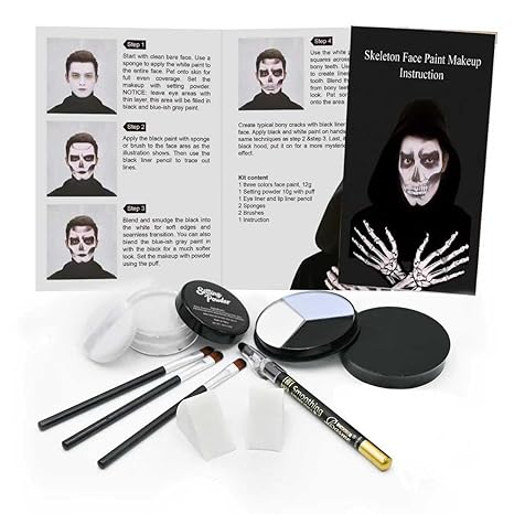 Professional Halloween Skeleton Makeup Kit, Full Face & Body Paint Set with Dual-End Brushes, Setting Powder & Easy-Grip Sponges, Ideal for SFX
