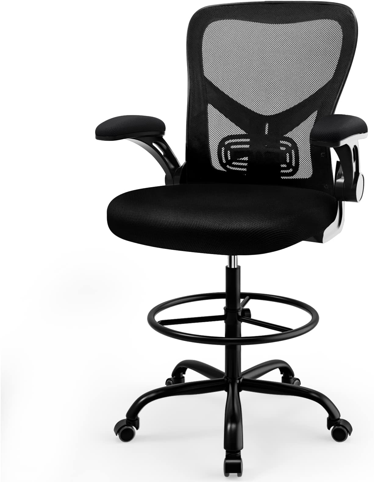 dreamlify Drafting Chair,Tall Standing Desk Chair Comfortable Office Chair with Foot Ring Flip-up Padded Arms Height Adjustable Computer Task Chair Ergonomic Mesh Mid-Back Desk Chair,Black