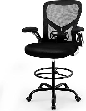 dreamlify Drafting Chair,Tall Standing Desk Chair Comfortable Office Chair with Foot Ring Flip-up Padded Arms Height Adjustable Computer Task Chair Ergonomic Mesh Mid-Back Desk Chair,Black