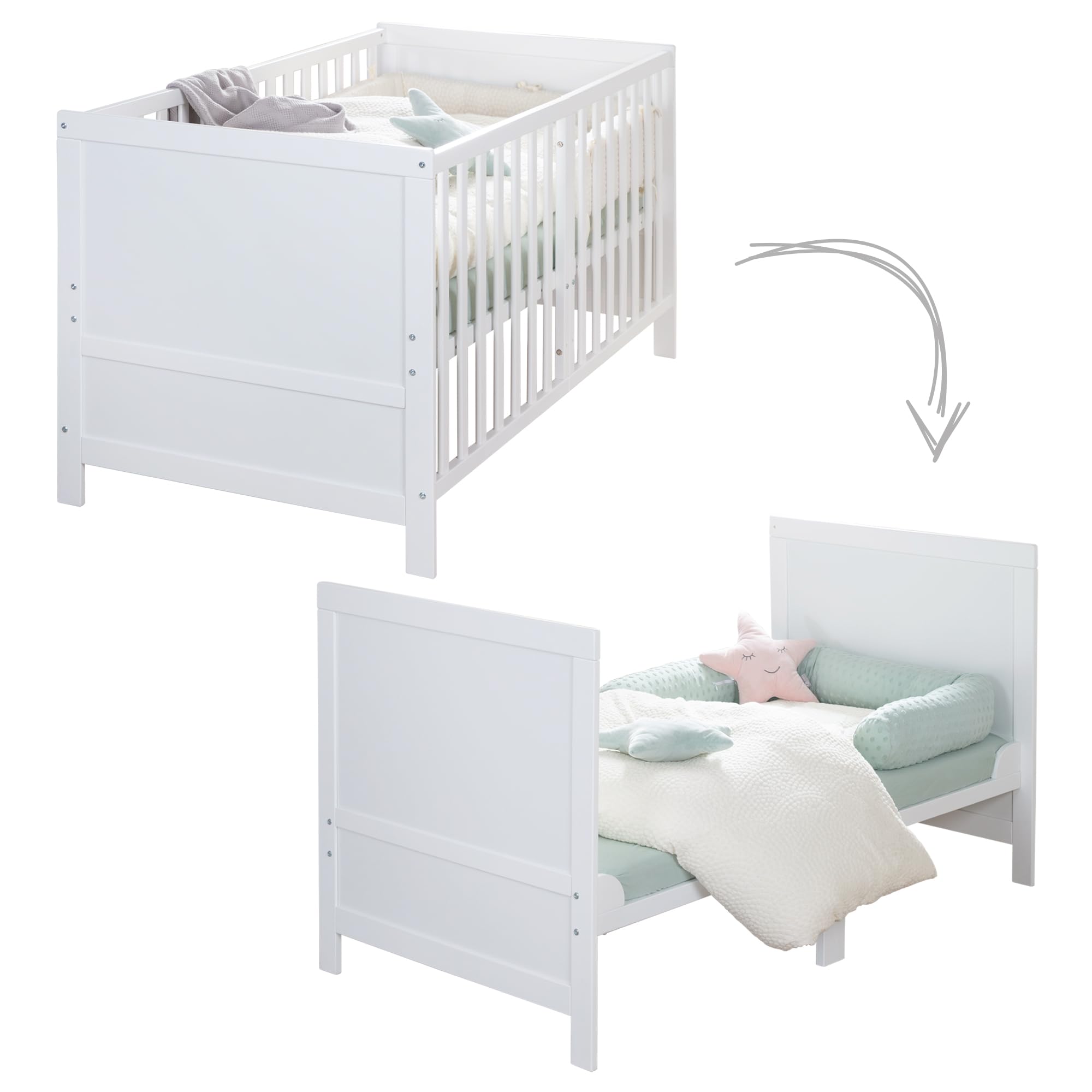 roba Lit Évolutif 70 x 140 cm Easy Sleep - Convertible en Canapé ou Lit Enfant - Jusqu'à 7 Ans - Hauteur Réglable - Coins de Conversion Inclus - 3 Barreaux Amovibles - Blanc