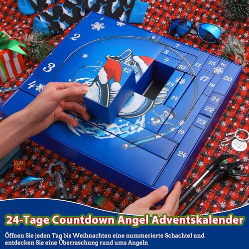 Angeln Adventskalender 2025 Männer – 24 tägiger Adventskalender Angeln Kit mit Angelausrüstung Angelkalender Weihnachtskalender Geschenk für Männer, Jungen, Väter, Ehemänner