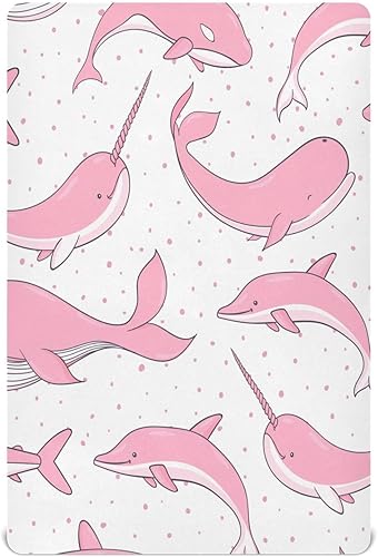 Kigai Sábana bajera ajustable para cuna para niños y niñas, ballenas rosadas, suave, transpirable, unisex, para colchones estándar de cuna y niños