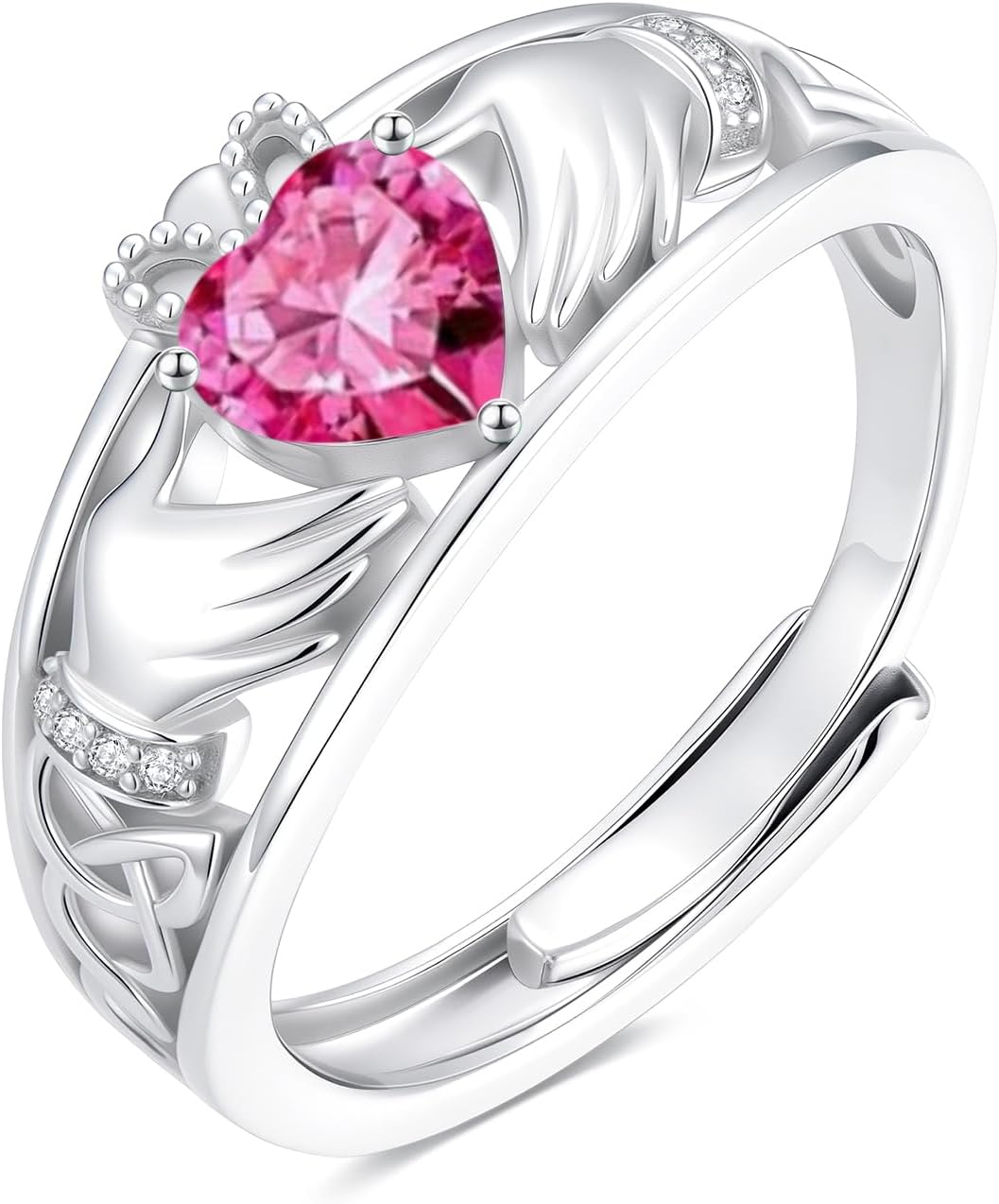 Diamond and Gemstone Claddagh Ring for Women 925 Sterling Silver Celtic Knot Heart Birthstone Rings Irish Engagement Wedding Promise Band, Adjustable Size 7