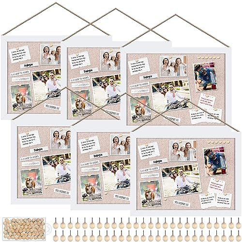 Teling 6 Pack Wood Bulletin Boards with Linen 12''x 16'' Cork Board for Walls with 60 Pushpin Decorative Wood Framed Display for Classroom School Office Bedroom (White)
