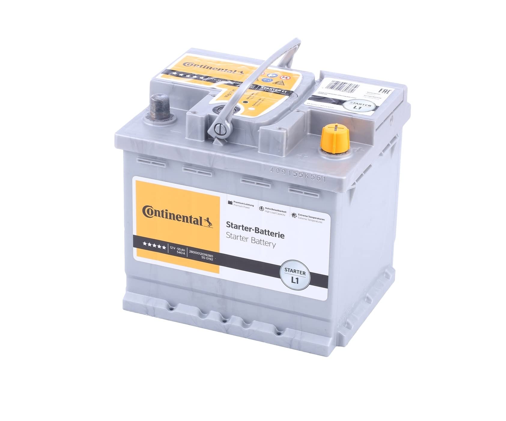 Continental Batteria 55, Ah 540, A/EN 2800012019280 L 207mm B 175mm H 190mm Compatibilità con RENAULT Clio 3 Hatchback BR0/1, CR0/1 Clio 2 BB0/1/2, CB0/1/2, PEUGEOT 206 2 volumi/Coda spiovente 2A/C | Compatibilità con RENAULT Clio III Hatchback BR0/1, CR0